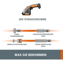 Worx WG801E.91 Heckenschere 20V - 4 in1 Multiwerkzeuge für Heckenschere, Rasenmäher, Heckenschneider und Strauchschere - SOLO - OHNE AKKU UND LADEGERÄT