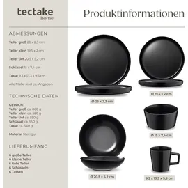 Tectake Küchenstarterset Una/Genua Geschirrset aus Steingut 46-tlg. Schwarz/Weiß