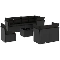 9-tlg. Garten-Sofagarnitur, modular, Schwarz, aus UV-beständigem PE-Rattan & Stahl, mit Hartglas-Tisch, inkl. dicken Kissen mit waschbaren Bezügen - Schwarz