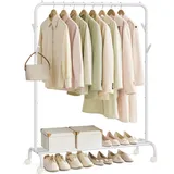 Songmics Kleiderständer auf Rollen, Kleiderstange, Garderobenstange, Garderobenständer aus Stahlrohren, bis 50 kg belastbar, 103,5 cm breit, multifunktionale Aufbewahrung, weiß HSR131W01