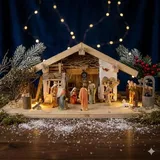 krippenursel Wundervolle Weihnachtskrippe Kainsbach inkl. 12-tlg. Krippenfiguren Set K 650-9, Maße: ca. 58 x 25 x 25 cm - Braun