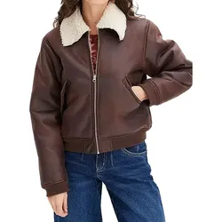 nachhaltige Damen Lederimitat-Jacke hochwertige Piloten-Jacke mit Kunstfell-Kragen 933611 Braun - 
