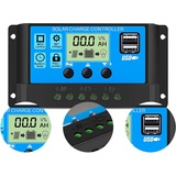 XTVTX Solar Laderegler 30A 12V/24V, Solar Ladegerät Controller Solarpanel Batterie Intelligente Solarregler mit Dual USB Port 5V Licht Timer,LCD Display, Solar Laderegler für Industrie, Zuhause