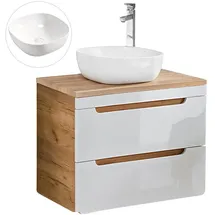 Lomadox Waschtisch mit 80 cm Unterschrank in Hochglanz weiß mit Wotan Eiche Nb., Softclose-Schubkästen