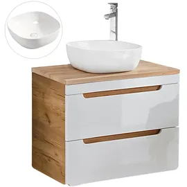 Lomadox Waschtisch mit 80 cm Unterschrank in Hochglanz weiß mit Wotan Eiche Nb., Softclose-Schubkästen