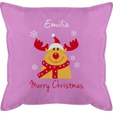 Kissen 50x50 - Weihnachtskissen Geschenke - Merry Christmas Rentier mit Wunschname - 50 x 50 cm - Pink - Name Weihnachten personalisierte Personalisieren 2023 vor Frohe zu weihnachtsmotiven