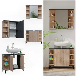 Vicco Badmöbel-Set Aquis, Sonoma Anthrazit, Badezimmer, moderne Badserie, Waschtischunterschrank, Spiegelschrank