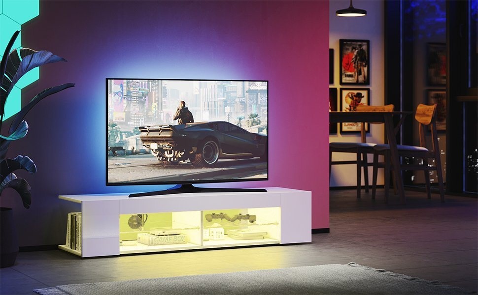 SONNI TV-Schrank TV Lowboard Breite 135cm Weiß Hochglanz mit LED Beleuchtung für Wohnzimmer, Fernsehschrank, Unterschrank, mit Glasböden, TV-Kommode