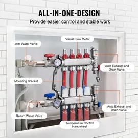 Vevor 4-Zweig-Wärmeverteilungsverteiler 1/2-Zoll-PEX-Rohrverteiler Edelstahl für hydronische Fußbodenheizung