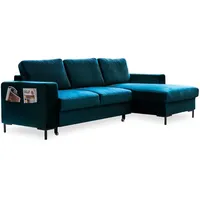 MIUFORM Ecksofa mit Schlaffunktion und Bettkasten | Lofty Lilly | Wohnladschaft Couch Schlafcouch Wohnzimmer Gästezimmer | Samt-Stoff Metallfüße (Petrolgrün, Rechts ausgerichtet)
