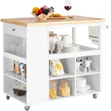 SoBuy FKW97-WN Design Küchenwagen Kücheninsel mit Klappe Küchenschrank mit Regalfächern Rollwagen Sideboard auf Rollen Küchentrolley Weiß-Natur BHT ca.: 108x90x60cm