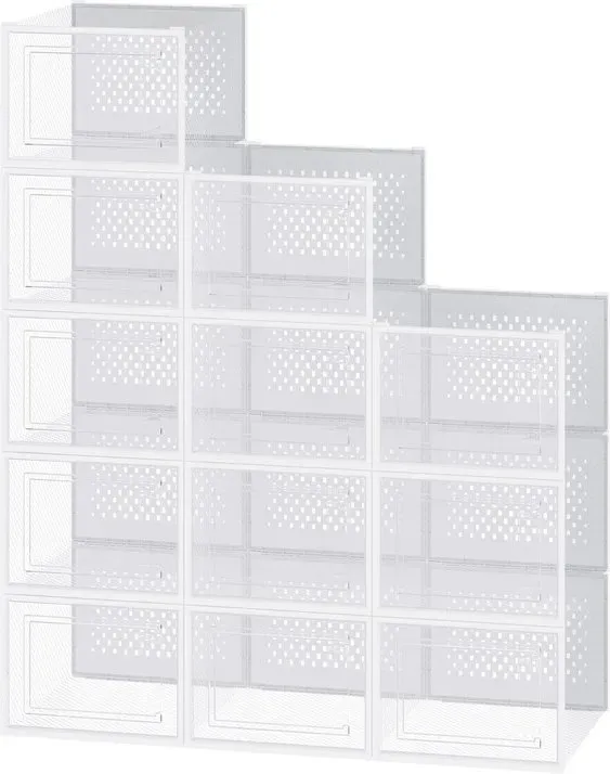 Ochama Schuhboxen, 12er Set, Schuh-Organizer aus Kunststoff, faltbar und stapelbar, Schuhe bis Größe 44, transparent-wei