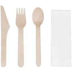 250 Bestecksets | Fiesta Green Holzbesteck | Messer, Gabel, Löffel und Serviette