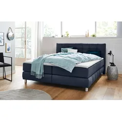 Boxspringbett ANDAS "Salo XXL", blau, B:214cm L:231cm, Komplettbetten, Boxspringbett, in Samtoptik oder Struktur, 6 Breiten in Überlänge 220cm, 4 Härtegrade