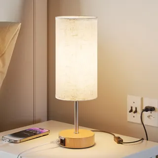 UPXNBOR Nachttischlampe, Tischlampe mit USB-A- und USB-C-Ladefunktion, Schreibtischlampe, Leselampe, Dekolampe Flur, Touchdimmbar, 3 Stufen Warmlicht, Leinen-Lampenschirm, 1,5m Kabel (E27-Lampe inkl)