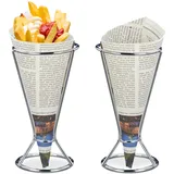 Relaxdays Pommeshalter 2er Set, Edelstahl, für Spitztüten mit Pommes, Chips, Gemüse, Snackhalter, HD 16 x 9,5 cm, silber
