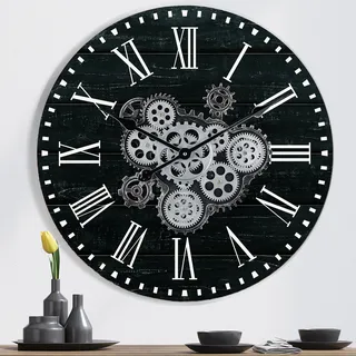 Lafocuse Schwarz Wanduhr Große mit Beweglichen Zahnrädern, Industriell Steampunk XXL Wanduhr Holz, Vintage Retro Deko für Küche Wohnzimmer Bar, 57cm