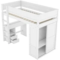 SOFTWEARY Hochbett mit Lattenrost, Schreibtisch und Kleiderschrank (90x200 cm) Kinderbett mit Rausfallschutz weiß