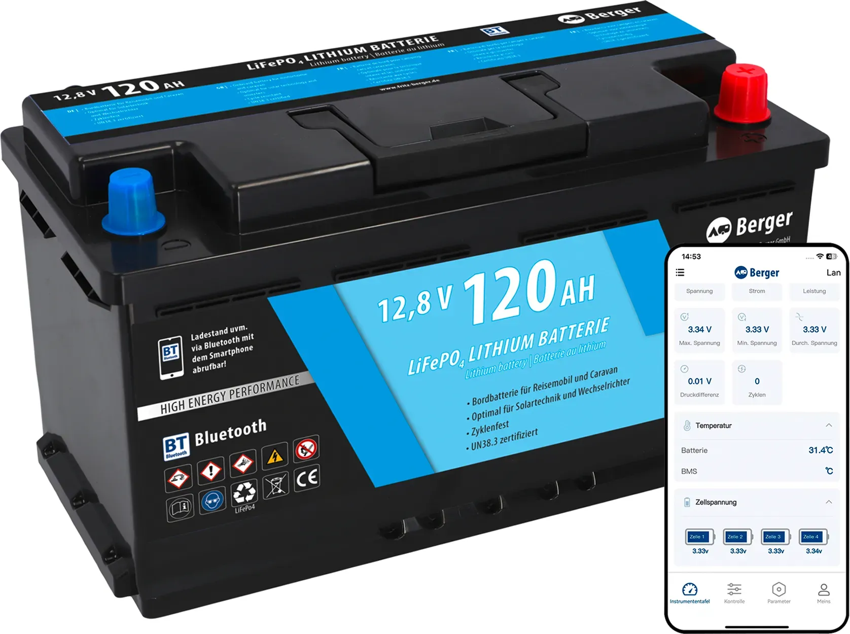 Berger LiFePO4 Lithium Batterie 120 Ah 12 V mit Bluetooth