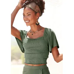 Kurzarmshirt, mit Volantärmeln, Blusenshirt, figurbetont, Stretch-Qualität, Gr. 44/46, khaki, , 20744600-44