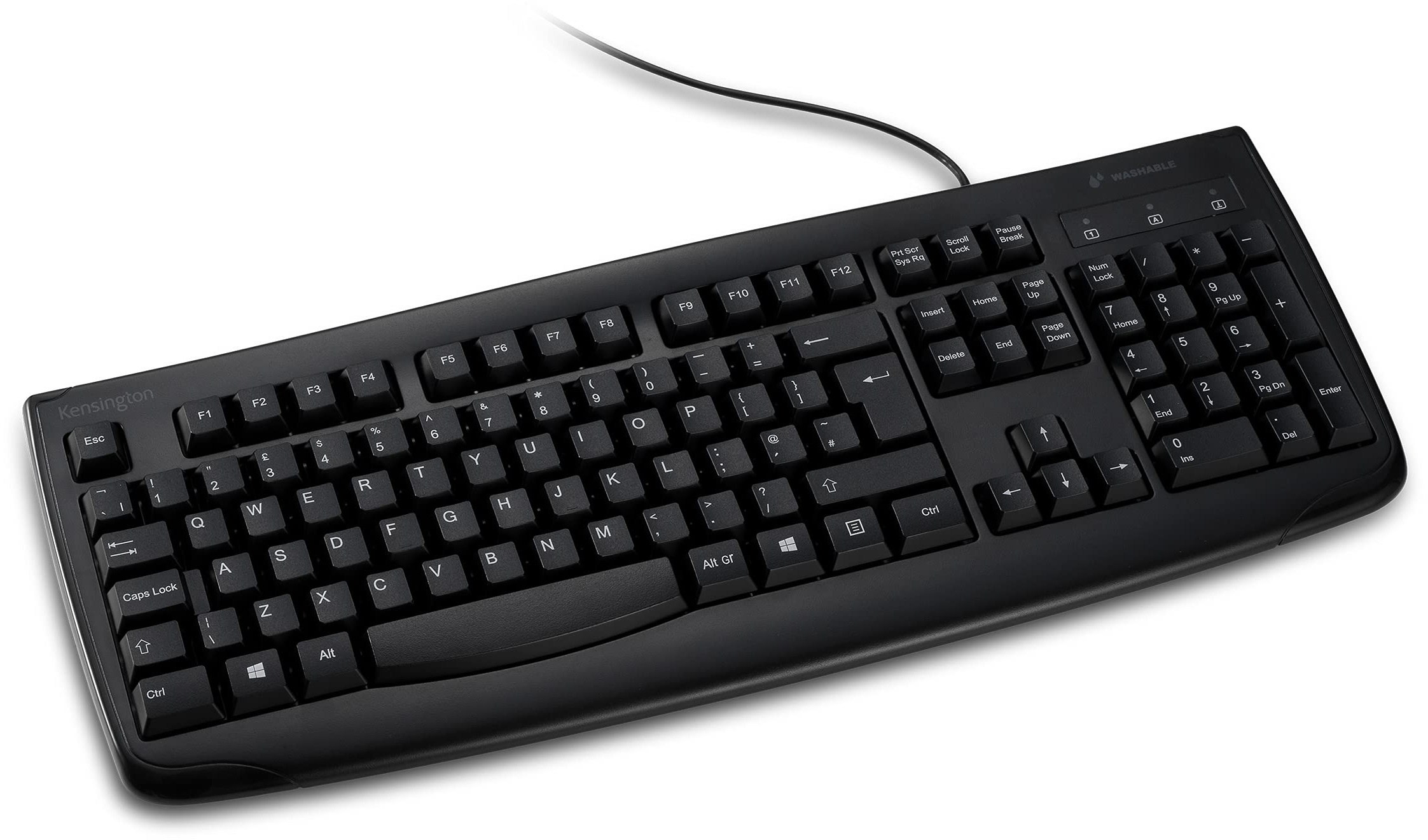 Kensington Pro Fit Tastatur, waschbar, kabelgebunden, für PC, mit USB-Anschluss und Ziffernblock, kompatibel mit Windows und Apple, Standardgröße, Schwarz