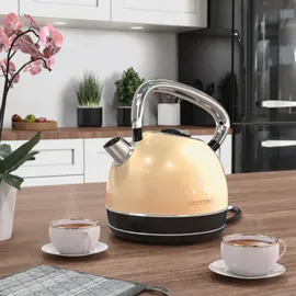 Arendo Wasserkocher Retro Design, 2200 Watt, Edelstahl Teekessel 1,7 Liter, Kalkfilter austauschbar, automatische Abschaltung, Beige