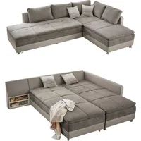 luma-home Federkern Ecksofa 306x223 cm Boxspring Topper, Schwenkteil links, Kunstleder Beige+Mikrofaser Grau Braun, / 15101