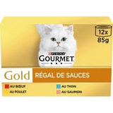 GOURMET Gold Saucenregal, Box, Katze, Rind, Huhn, Lachs, Thunfisch, 12 x 85 g