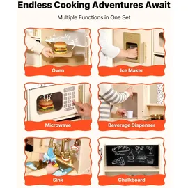 Vevor Spielküche für Kinder, Moderne Kinderküche mit Licht & Sound, Holzküche mit Herd Backofen Spüle Mikrowelle Eisspender & Getränkespender, Küchenspielzeug mit Kochset für Kinder ab 3 Jahren, Beige
