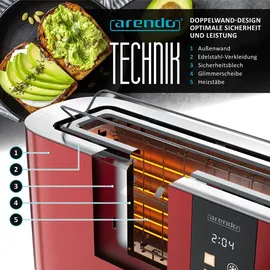 Arendo Toaster 2 Scheiben, Langschlitztoaster, Langschlitz, Edelstahl, 1000W, Display mit Restzeitanzeige, Brötchenaufsatz, Defrost Funktion, Wär... - rot