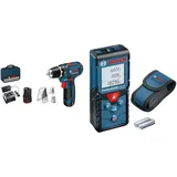 Bosch Professional 12V Akku-Bohrschrauber GSR 12V-15 (2x2.0 Akku, Ladegerät, 39tlg.-Zubehör-Set) & Laser Entfernungsmesser GLM 40 (Flächen-/Volumenberechnung, max. Messbereich 40 m, 2x 1,5-V)