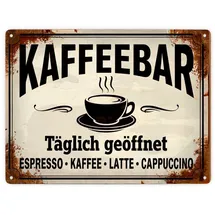 speecheese Kaffeebar Metallschild XXL in 28x38 cm im Vintage-Stil Vintage-Stil Café - Dampfende Tasse ESPRESSO - Täglich geöffnet