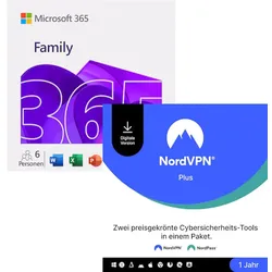 Microsoft Black Weeks % | 365 Family 6 User + NordVPN Plus 10 Geräte - mit Word, Excel, PowerPoint, OneNote, Outlook, Access und VPN + Passwortmanager