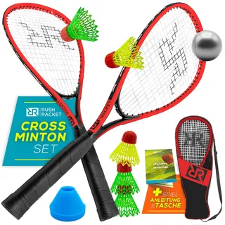 Rush Racket Speed Badminton Set RS3 – 5-teiliges Crossminton Set mit 2 Turbo Badminton Schlägern, 5 Federbällen, 1 Softball, 8 Feldmarkierungen & Tragetasche – Outdoor & Indoor Speedbadminton - Rot