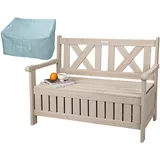 needs&wants Gartenbank Holz wetterfest mit Stauraum und Abdeckung, 2-Sitzer Truhenbank Holzbank Sitzbank massiv Garten Outdoor mit Truhe, Massivholz, grau-beige