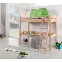 Natur24 Kinderbett Hochbett Renate Buche Massiv Natur lackiert mit Schreibtisch und Textilset braun