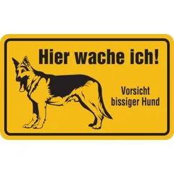 Hinweisschild, Hier wache ich! Vorsicht bissiger Hund, Aluminium, 120 x 200 mm - 200x120x0.45 mm Aluminium geprägt