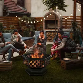 tillvex Feuerschale mit Funkenschutz & Grillrost Feuerstelle Outdoor für den Garten 4 in 1 BBQ Grill mit Abdeckung, Schürhaken, Zange | Kohlerost |