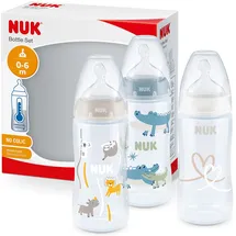 NUK First Choice+ Babyflasche im Set | 0–6 Monate | Temperature Control Anzeige | 300 ml | Anti-Colic-Ventil | BPA-frei | Trinksauger aus Silikon | 3 Stück | Safari