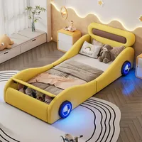 Polsterbett 90x200 cm Autobett für Kinder & Jugendliche Kinderbett mit LED-Rädern & Stauraum Auto-Design Kunstleder Gelb - Gelb