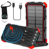 Solar Powerbank 26800mAh, Euakee Wireless Charging Power Bank mit 4 Kabeln & Campinglampe, wasserdichte Powerbank für 15W USB-C, Micro USB, Typ-C, iOS-Eingang 4 Ausgang 6 Eingangsanschlüsse (Rot)