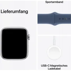 Apple Watch SE GPS + Cellular 44 mm Aluminiumgehäuse Silber, Sportarmband Denim M/L