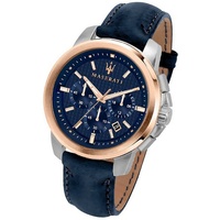 MASERATI Chronograph Maserati Leder Armband-Uhr, (Chronograph), Herrenuhr Lederarmband, rundes Gehäuse, groß (ca. 44mm) blau blau