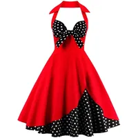 Lazzboy Damen Vintage Polka Neckholder Kleid Floral Sping Retro Cocktailkleid Rockabilly 50er Petticoat Faltenrock 1950er Kleider Cocktail Festliche(Rot,4XL) - 4XL