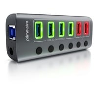 Primewire - USB 3.2 Gen.1 6 Port Hub aktiv schaltbar - mit Netzteil - 4 x USB 3.2 Gen1, 2X USB 3.0 mit smart Charge (Ladeports) - Alugehäuse grau