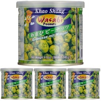 Khao Shong Erdnüsse mit Wasabi, knackige Erdnüsse im scharfen Teigmantel, knuspriger Snack für unterwegs, mittlere Schärfe, 1 x 140 g Dose (Packung mit 4)