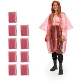 Relaxdays Regenponcho Einweg, 10er Set, Einmal Regencape mit Kapuze, für Erwachsene, Notfallponcho Damen & Herren, rot,