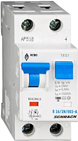 Schrack LS-FI-Schalter, Kennlinie B, 16A, 30mA, 1+N, Typ A (BO618616--)
