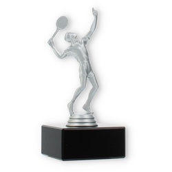 Pokal Kunststofffigur Tennisspieler silbermetallic auf schwarzem Marmorsockel 13,9cm