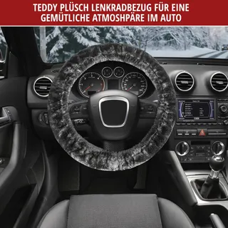 Walser Lenkradbezug Teddy Plüsch, Vegane Lenkradhülle Kunstfell, Plüsch-Lenkradabdeckung, Lenkradschoner Lammfell-Optik vegan anthrazit